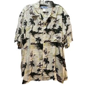 Utility men button front shirt Large rayon coconut palm trees men boats tropical